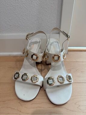 White Embellished Block Heel Sandals by Larroude